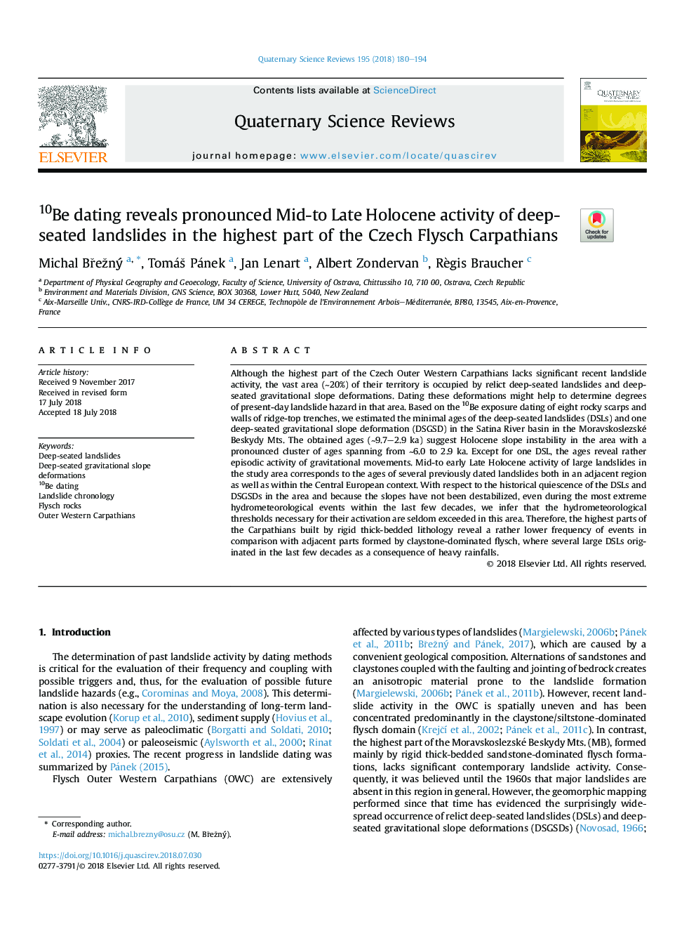 10Be dating reveals pronounced Mid-to Late Holocene activity of deep-seated landslides in the highest part of the Czech Flysch Carpathians