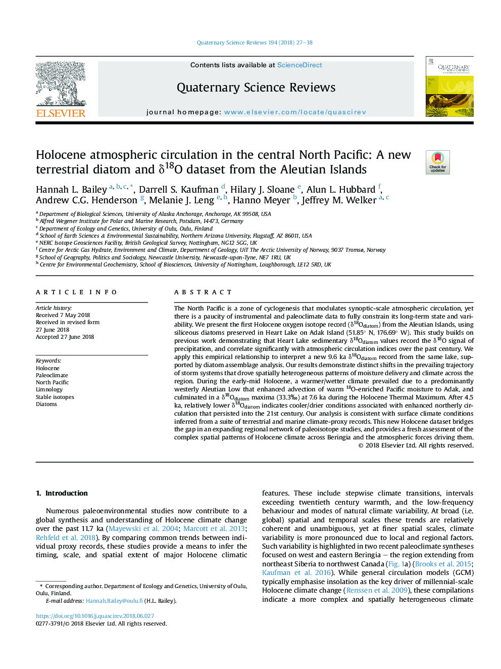 Holocene atmospheric circulation in the central North Pacific: A new terrestrial diatom and Î´18O dataset from the Aleutian Islands