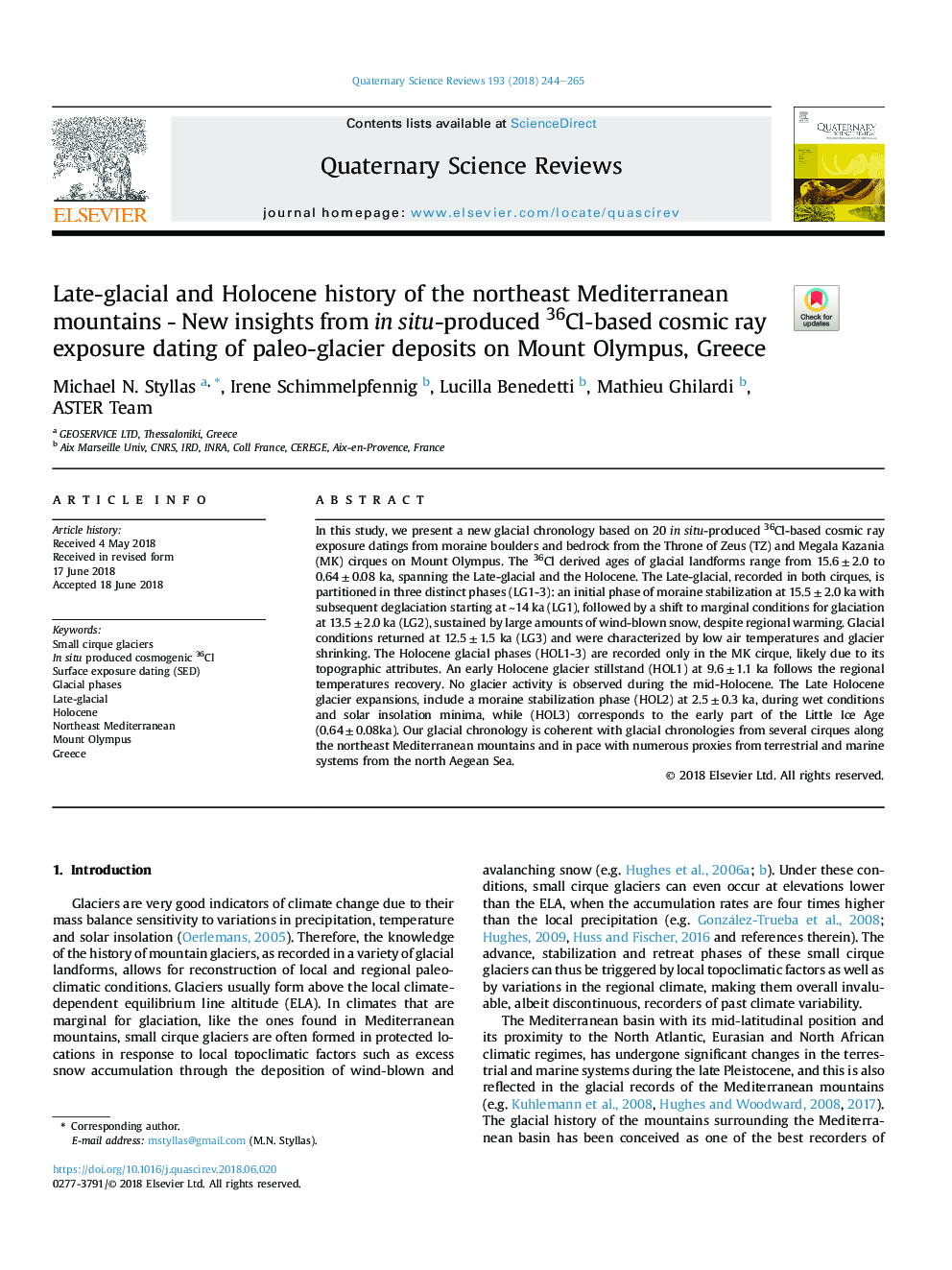 Late-glacial and Holocene history of the northeast Mediterranean mountain glaciers - New insights from in situ-produced 36Cl-based cosmic ray exposure dating of paleo-glacier deposits on Mount Olympus, Greece