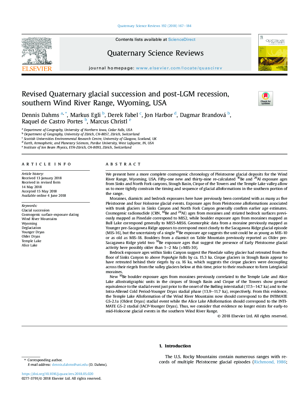 Revised Quaternary glacial succession and post-LGM recession, southern Wind River Range, Wyoming, USA