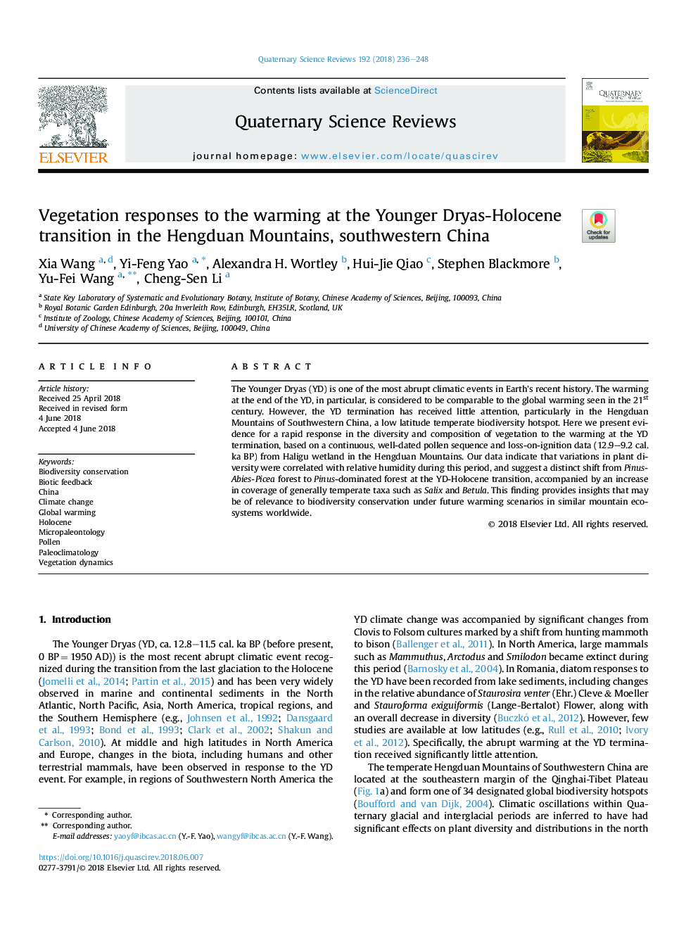 Vegetation responses to the warming at the Younger Dryas-Holocene transition in the Hengduan Mountains, southwestern China