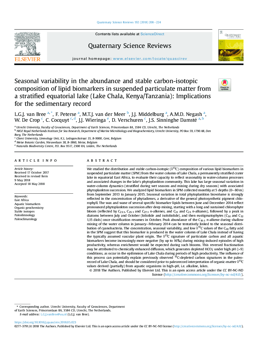 تنوع فصلی در فراوانی و ترکیب پایدار کربن-ایزوتوپ بیومارکرهای لیپیدی در ذرات معلق از یک دریاچه استوایی طبقه بندی شده (دریاچه چالا، کنیا / تانزانیا): پیامدهای رکورد رسوب