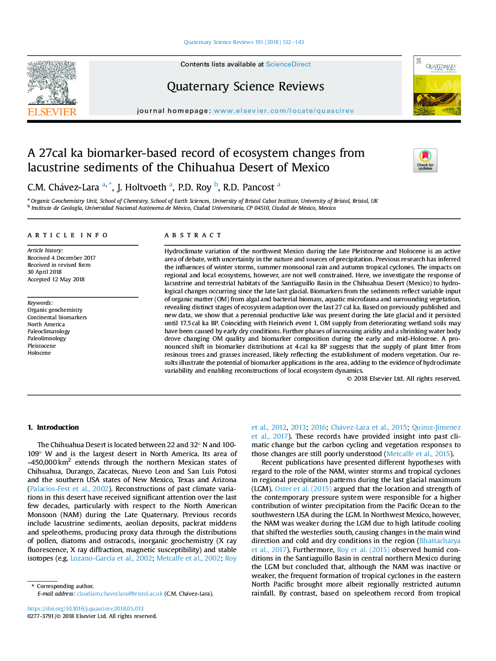 A 27cal ka biomarker-based record of ecosystem changes from lacustrine sediments of the Chihuahua Desert of Mexico
