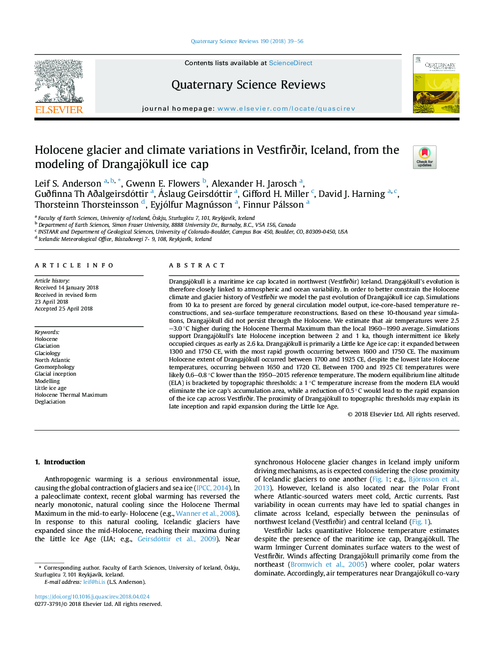 Holocene glacier and climate variations in VestfirÃ°ir, Iceland, from the modeling of Drangajökull ice cap