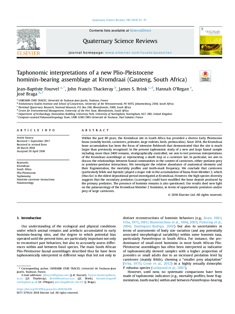 Taphonomic interpretations of a new Plio-Pleistocene hominin-bearing assemblage at Kromdraai (Gauteng, South Africa)