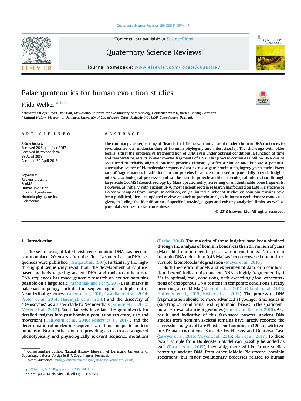 عکس صفحه اول مقاله: Palaeoproteomics for human evolution studies Palaeoproteomics for human evolution studies