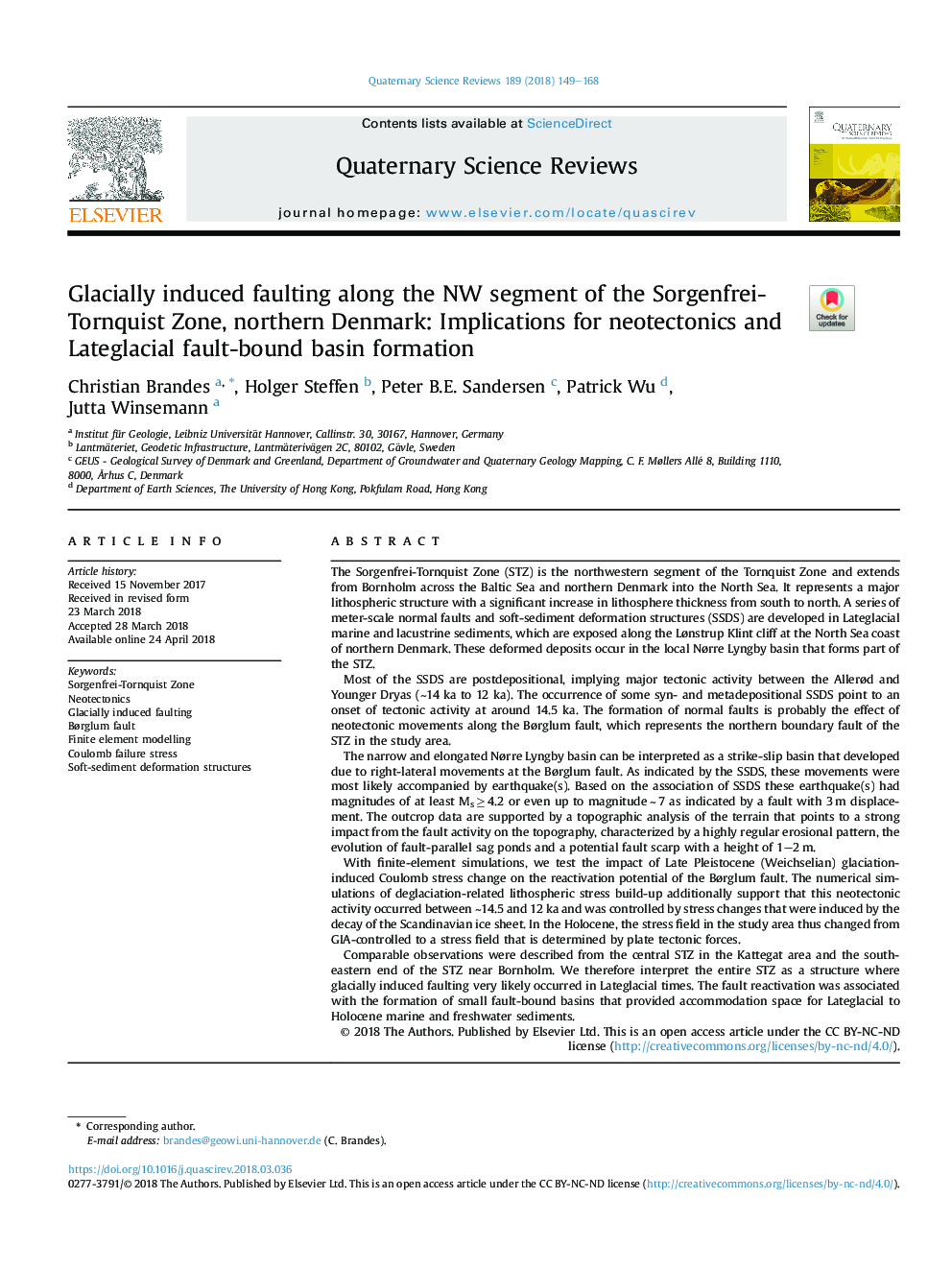 Glacially induced faulting along the NW segment of the Sorgenfrei-Tornquist Zone, northern Denmark: Implications for neotectonics and Lateglacial fault-bound basin formation