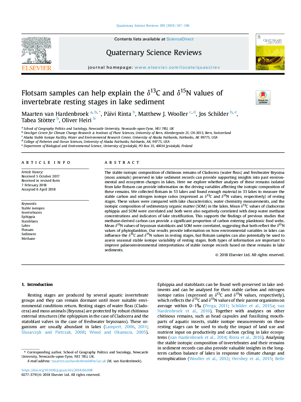 Flotsam samples can help explain the Î´13C and Î´15N values of invertebrate resting stages in lake sediment