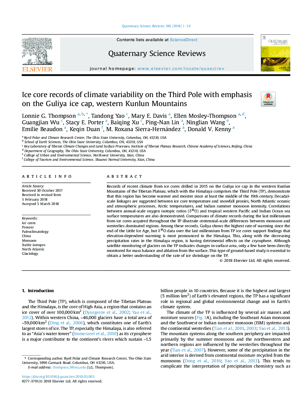 Ice core records of climate variability on the Third Pole with emphasis on the Guliya ice cap, western Kunlun Mountains