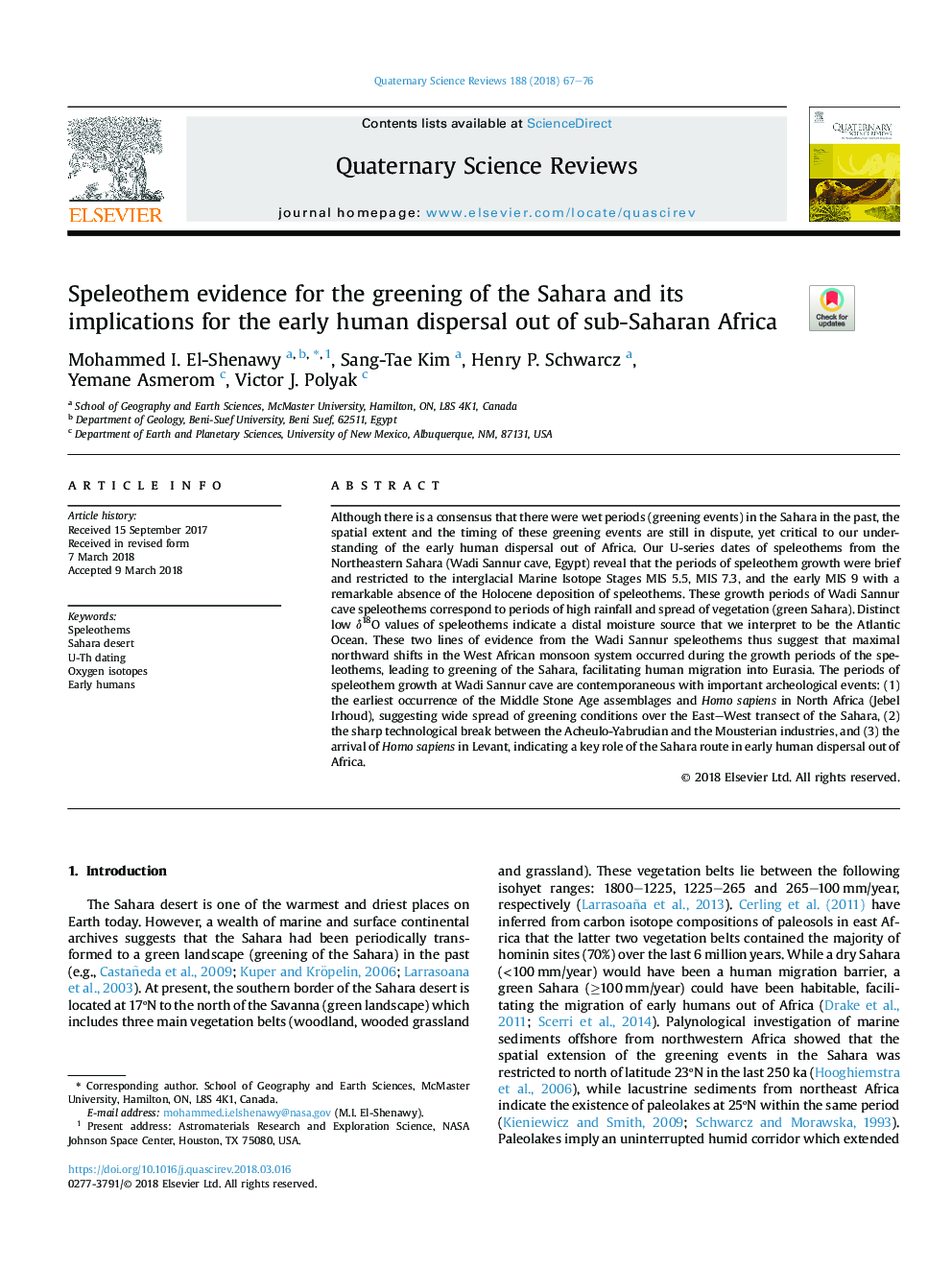 Speleothem evidence for the greening of the Sahara and its implications for the early human dispersal out of sub-Saharan Africa