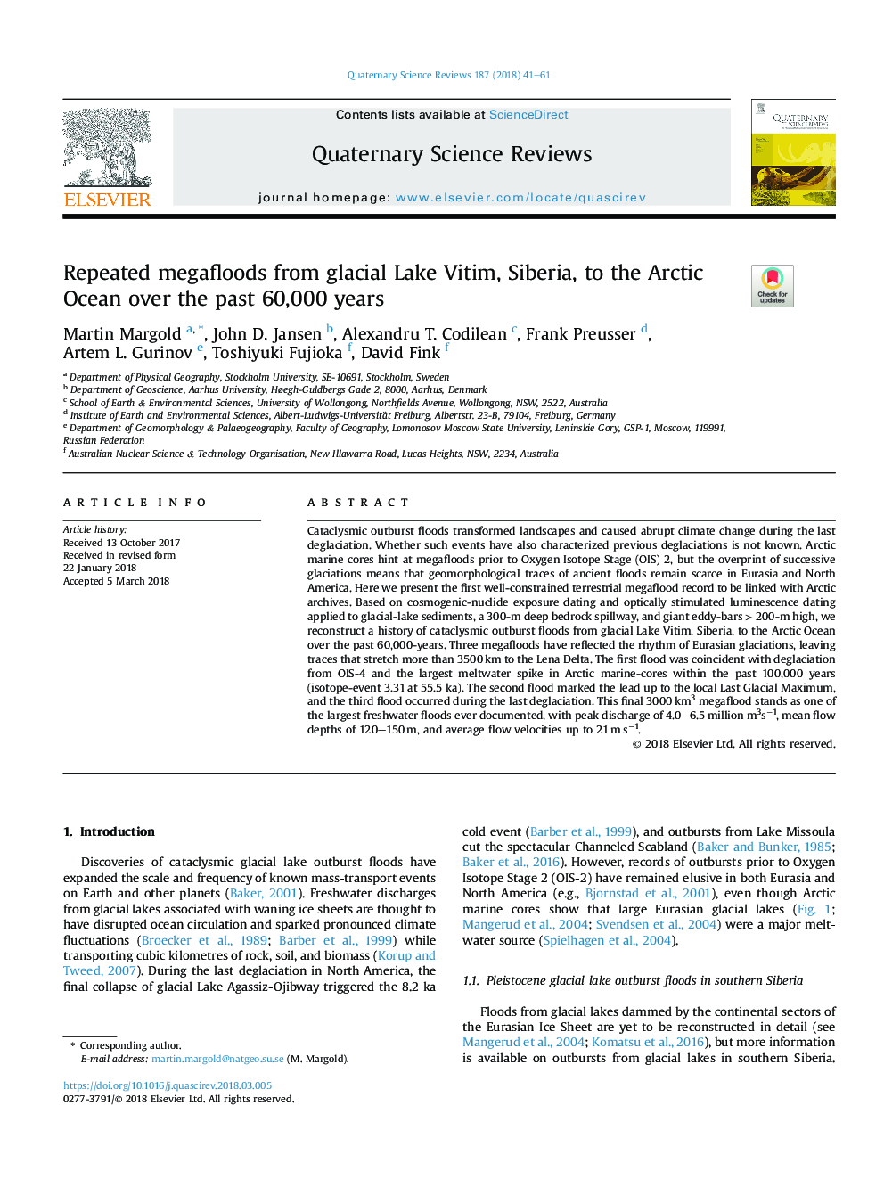 Repeated megafloods from glacial Lake Vitim, Siberia, to the Arctic Ocean over the past 60,000 years