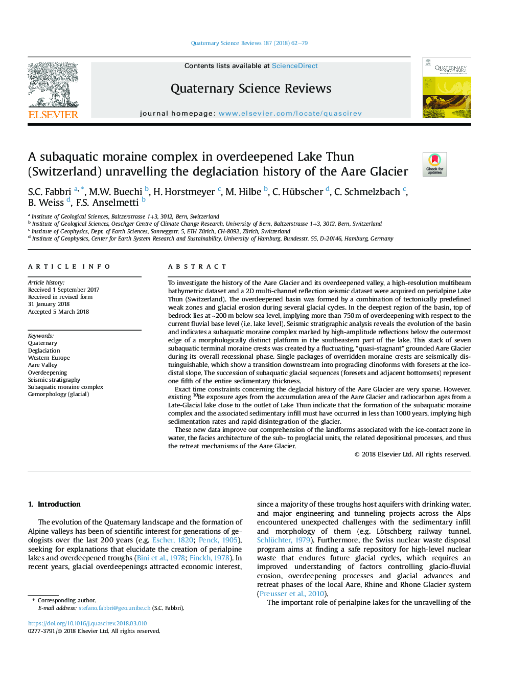 A subaquatic moraine complex in overdeepened Lake Thun (Switzerland) unravelling the deglaciation history of the Aare Glacier