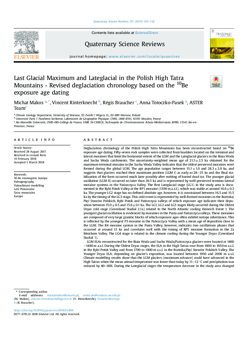 Last Glacial Maximum and Lateglacial in the Polish High Tatra Mountains - Revised deglaciation chronology based on the 10Be exposure age dating