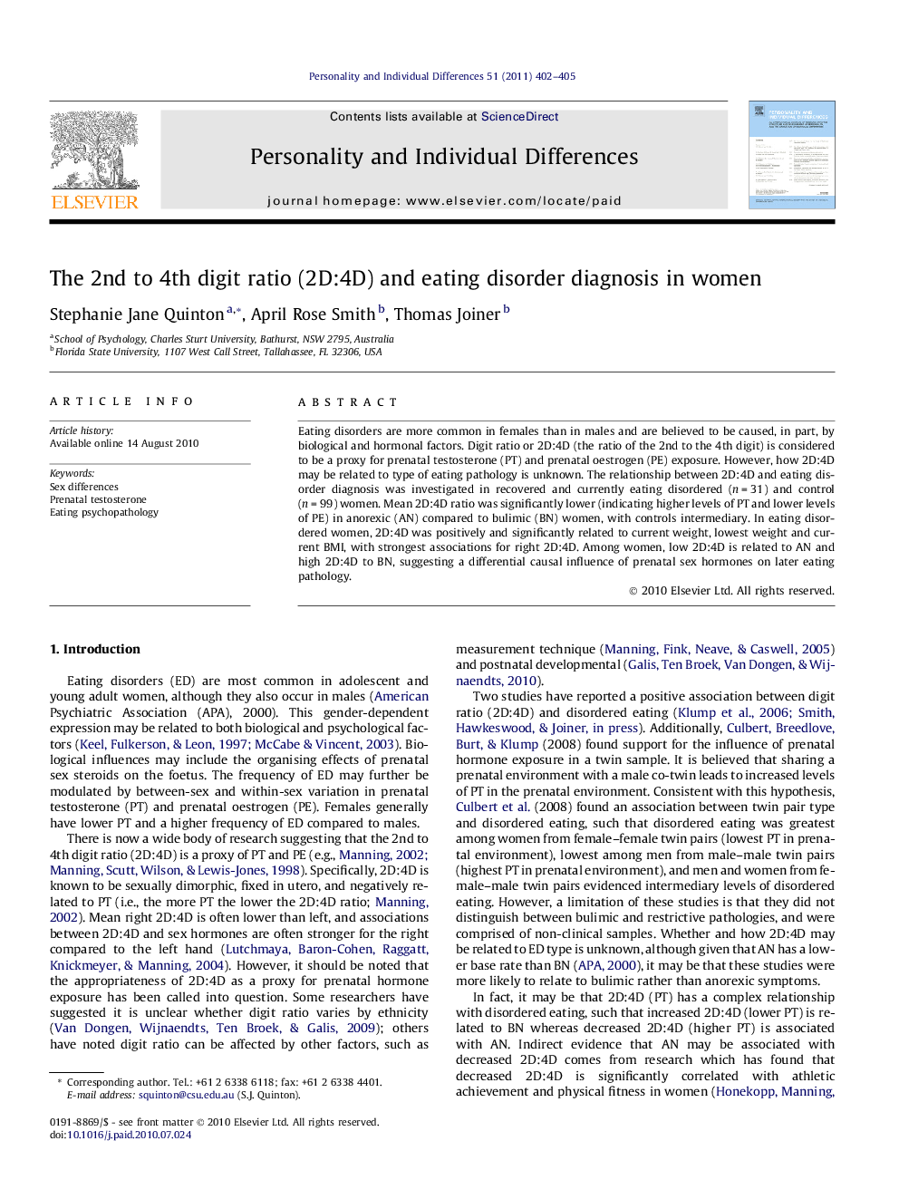 The 2nd to 4th digit ratio (2D:4D) and eating disorder diagnosis in women