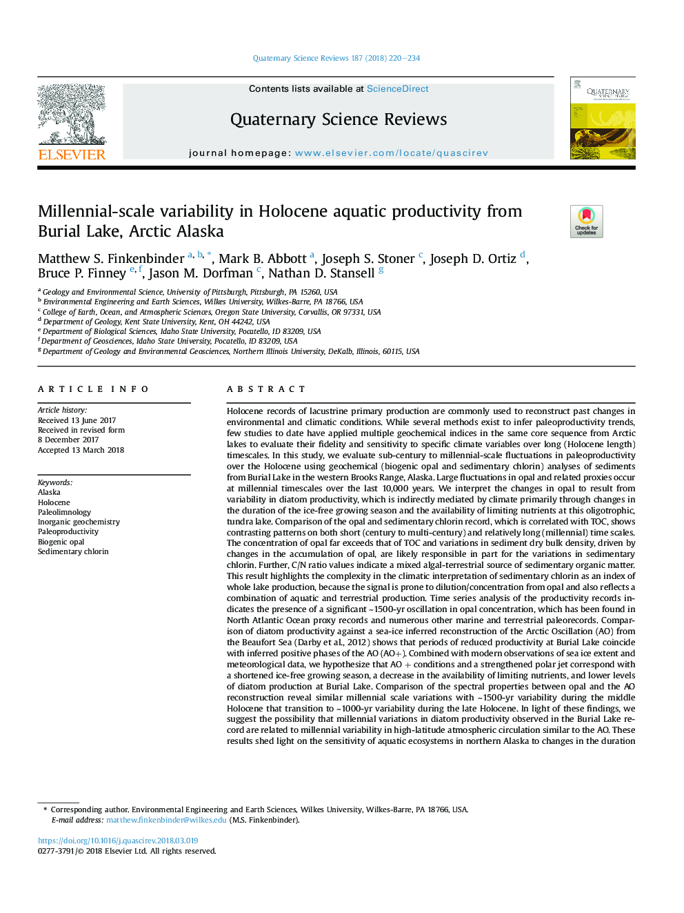 Millennial-scale variability in Holocene aquatic productivity from Burial Lake, Arctic Alaska