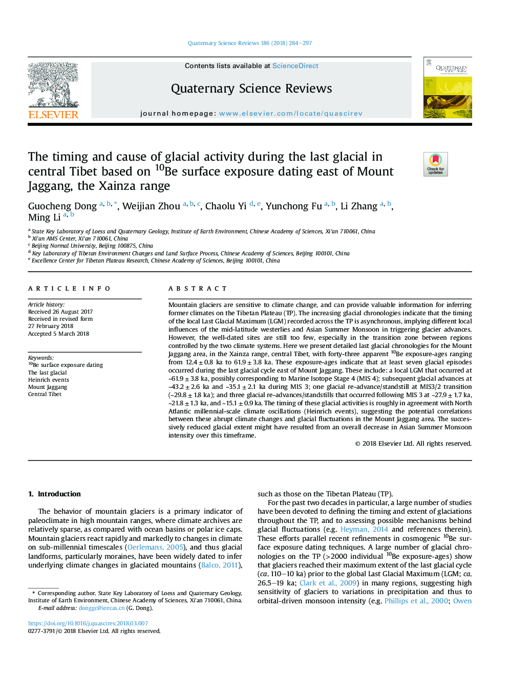 The timing and cause of glacial activity during the last glacial in central Tibet based on 10Be surface exposure dating east of Mount Jaggang, the Xainza range
