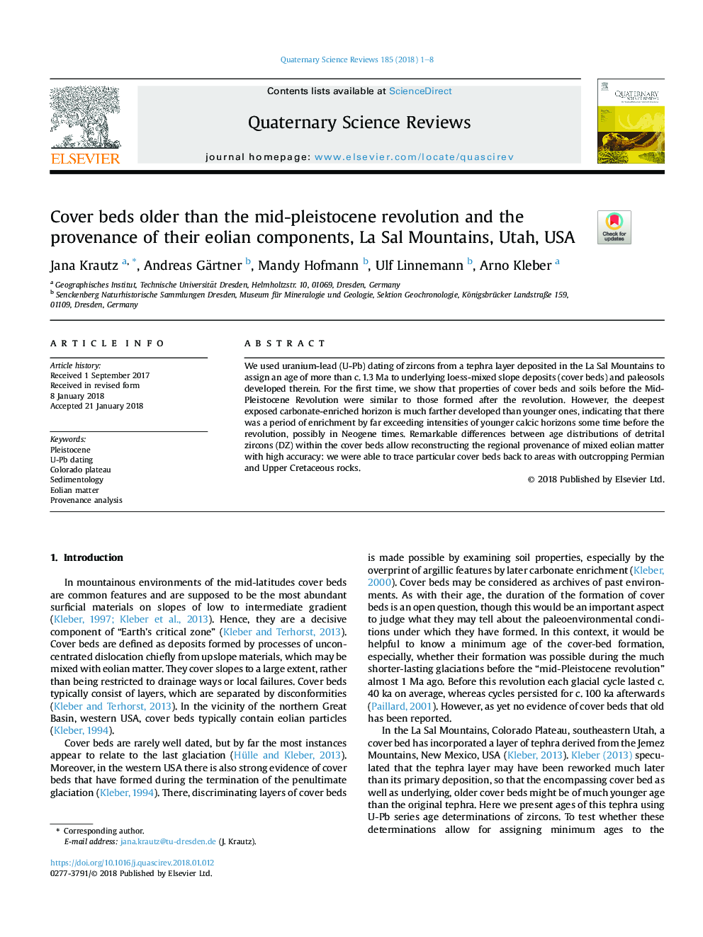 عکس صفحه اول مقاله: Cover beds older than the mid-pleistocene revolution and the provenance of their eolian components, La Sal Mountains, Utah, USA Cover beds older than the mid-pleistocene revolution and the provenance of their eolian components, La Sal Mountains, Utah, USA