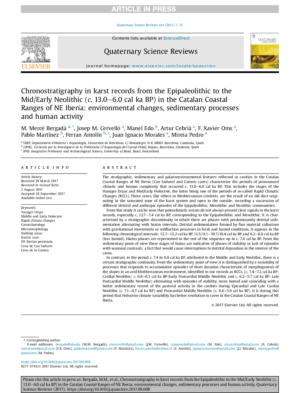 Chronostratigraphy in karst records from the Epipaleolithic to the Mid/Early Neolithic (c. 13.0-6.0Â cal ka BP) in the Catalan Coastal Ranges of NE Iberia: environmental changes, sedimentary processes and human activity