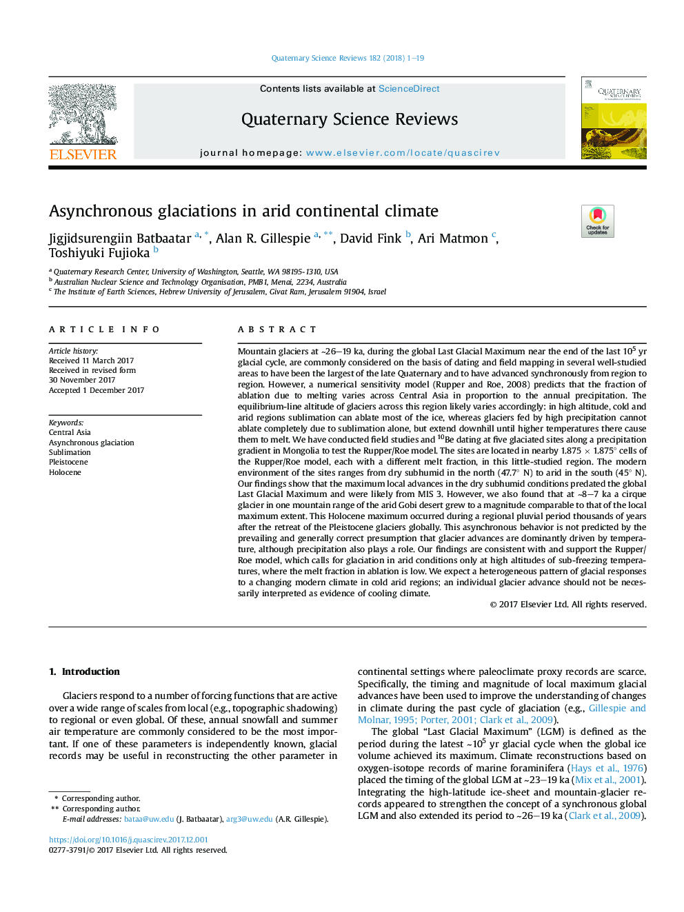 Asynchronous glaciations in arid continental climate