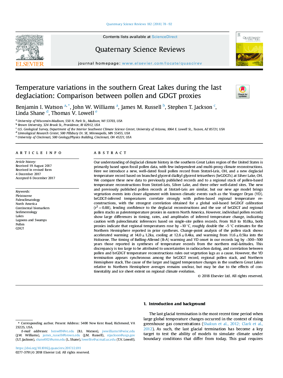 Temperature variations in the southern Great Lakes during the last deglaciation: Comparison between pollen and GDGT proxies