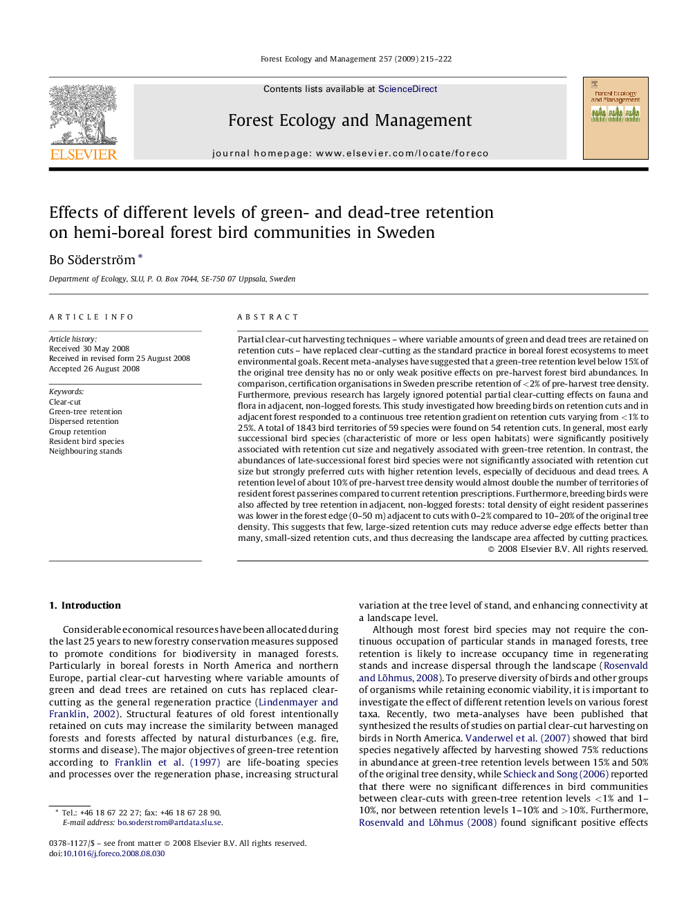 Effects of different levels of green- and dead-tree retention on hemi-boreal forest bird communities in Sweden