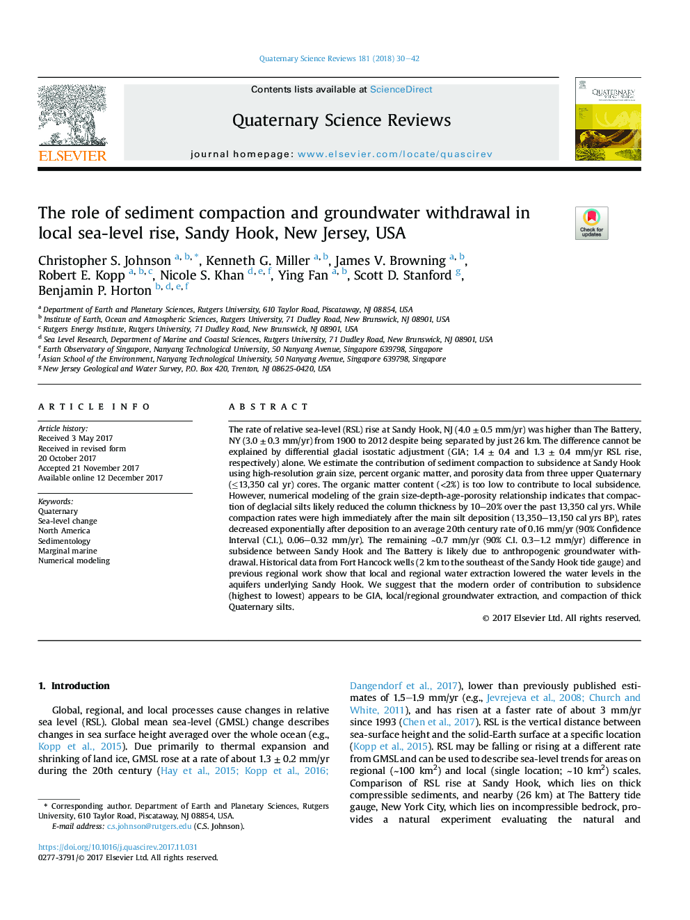 The role of sediment compaction and groundwater withdrawal in local sea-level rise, Sandy Hook, New Jersey, USA