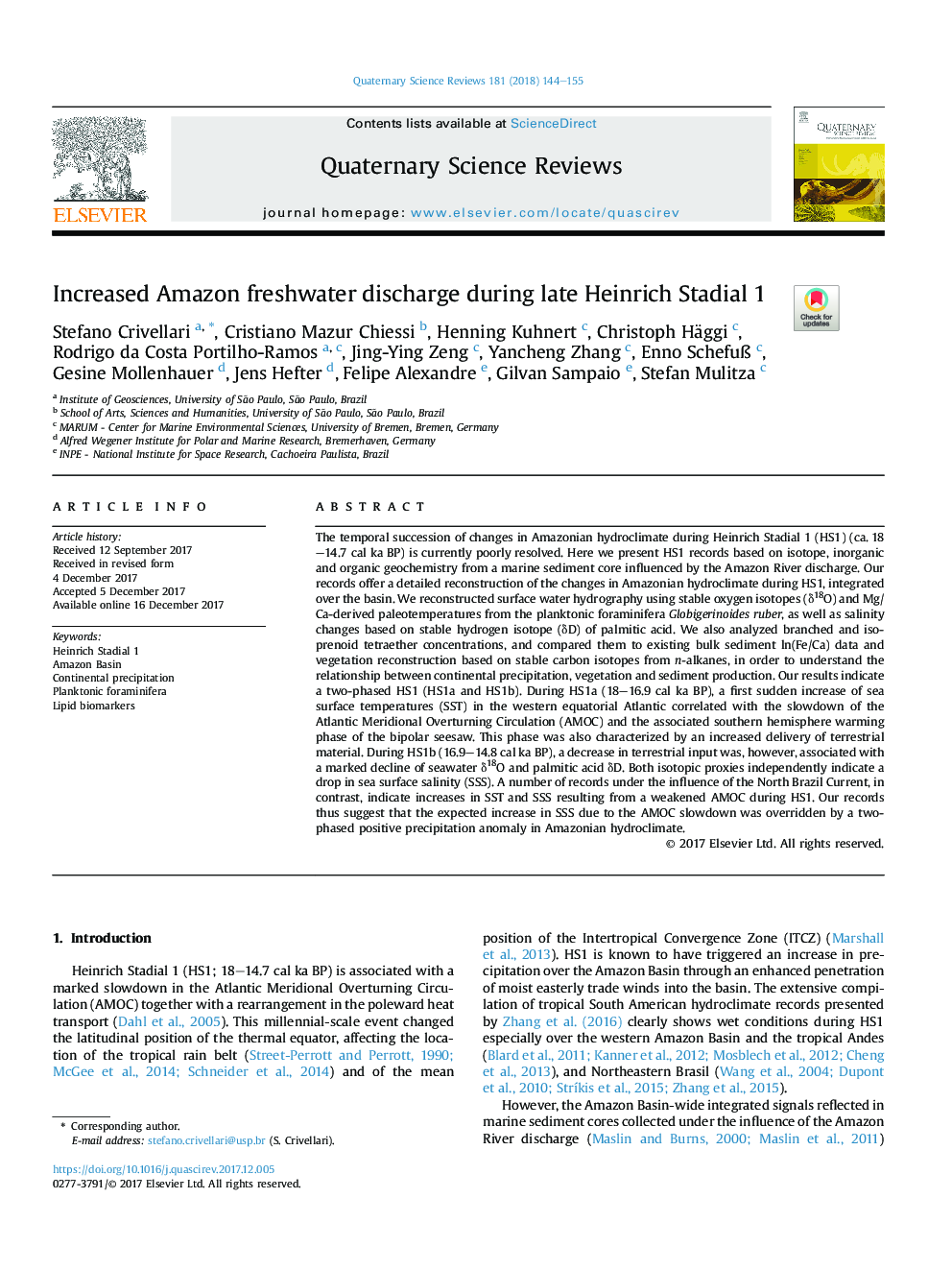 Increased Amazon freshwater discharge during late Heinrich Stadial 1