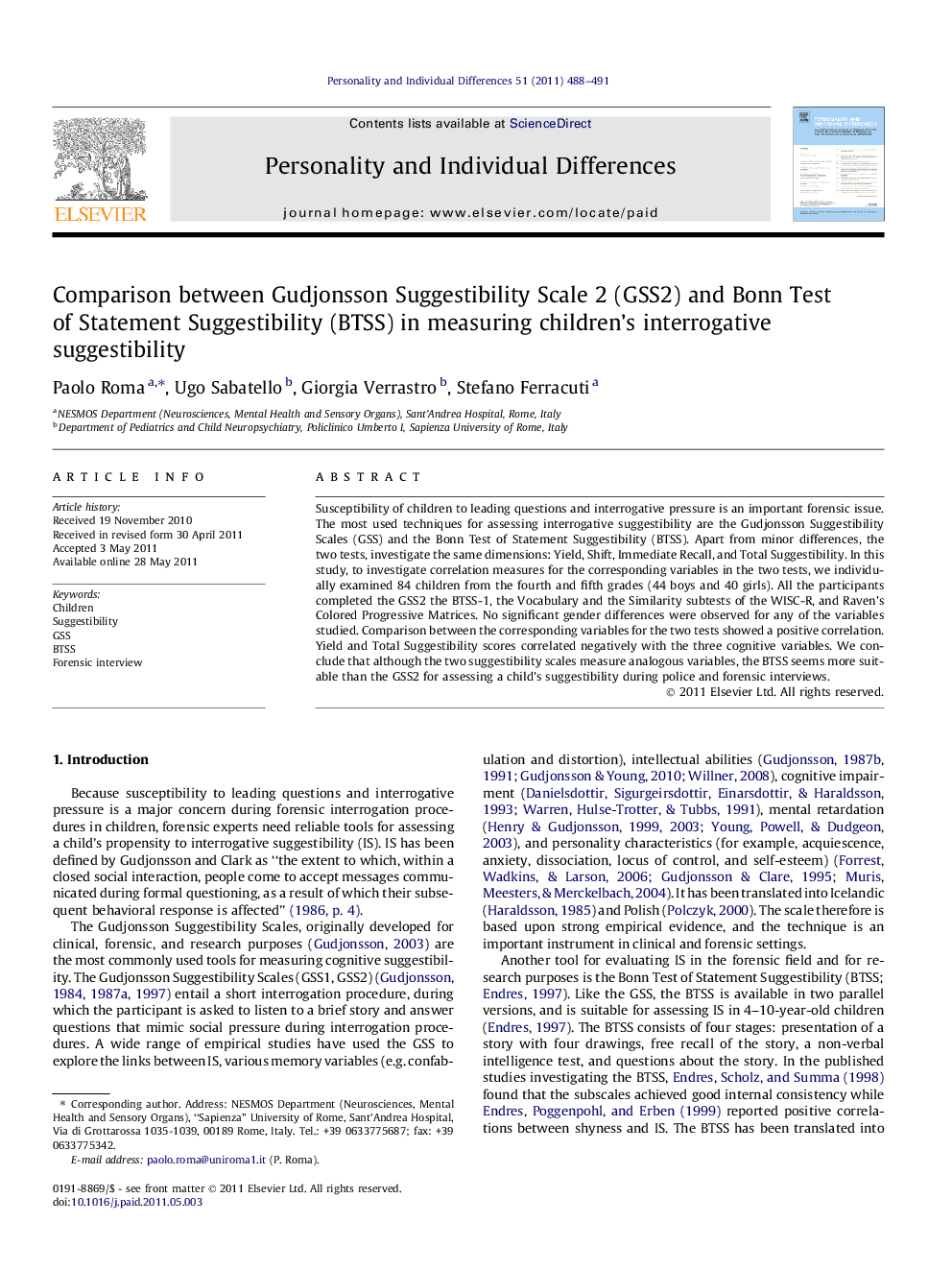 Comparison between Gudjonsson Suggestibility Scale 2 (GSS2) and Bonn Test of Statement Suggestibility (BTSS) in measuring children’s interrogative suggestibility