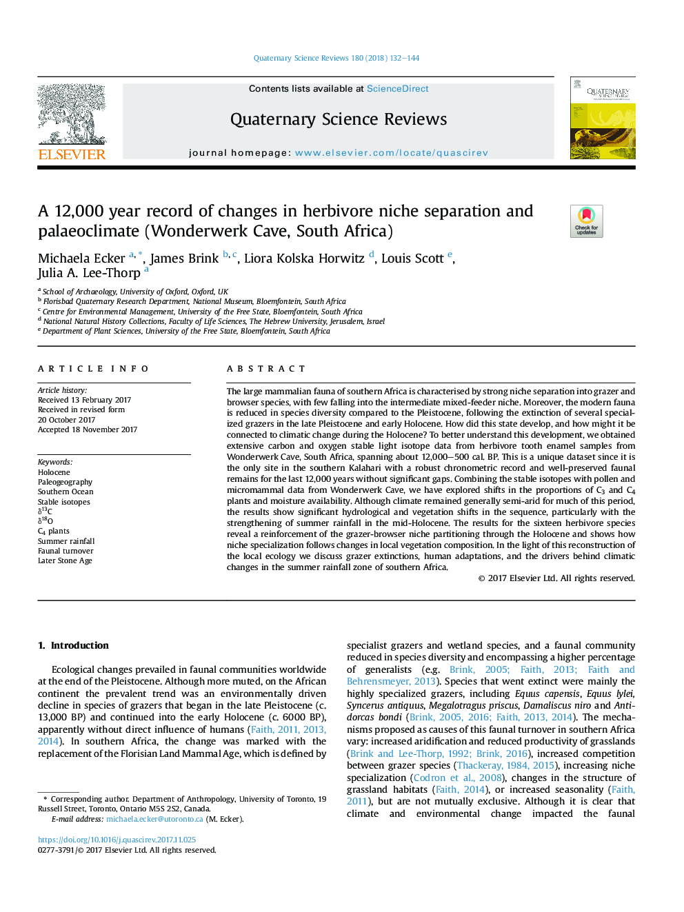 A 12,000 year record of changes in herbivore niche separation and palaeoclimate (Wonderwerk Cave, South Africa)