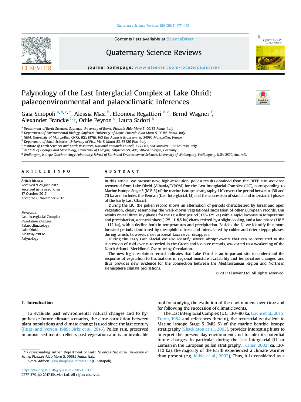 Palynology of the Last Interglacial Complex at Lake Ohrid: palaeoenvironmental and palaeoclimatic inferences