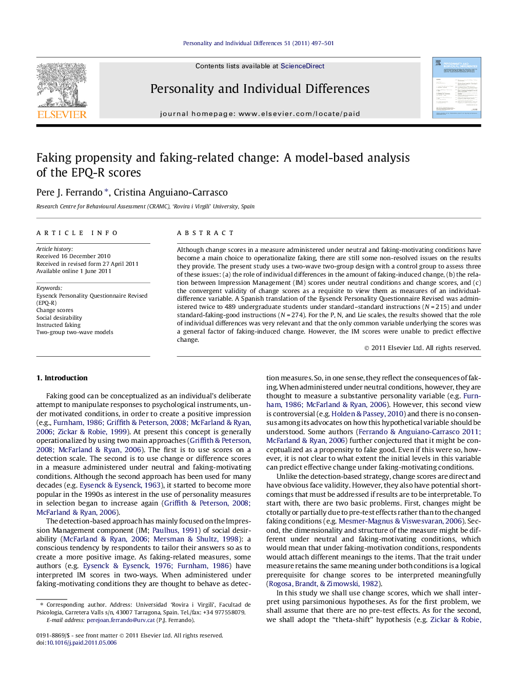 Faking propensity and faking-related change: A model-based analysis of the EPQ-R scores