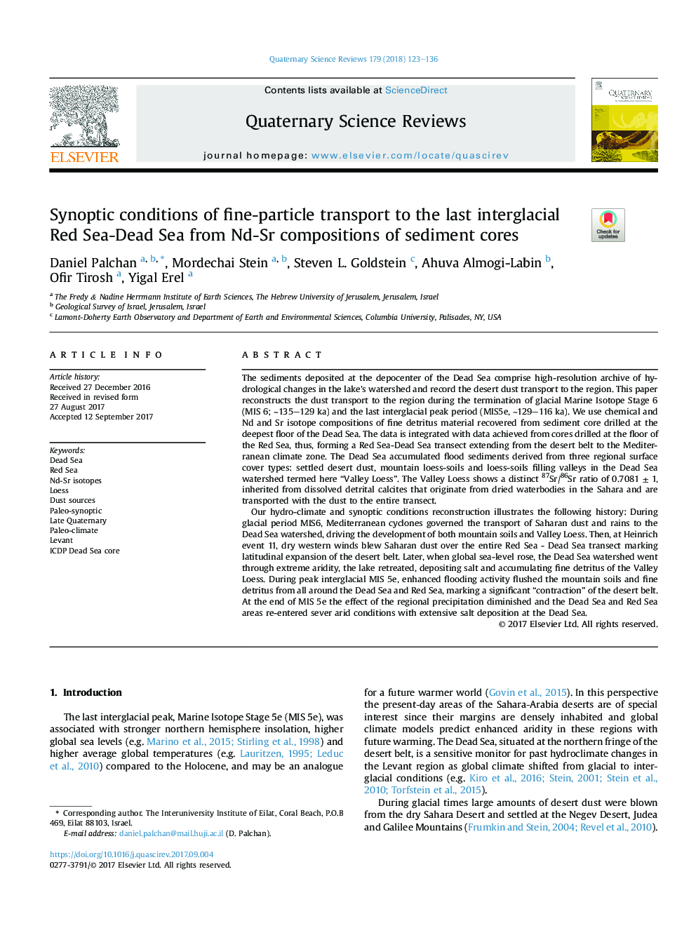 Synoptic conditions of fine-particle transport to the last interglacial Red Sea-Dead Sea from Nd-Sr compositions of sediment cores