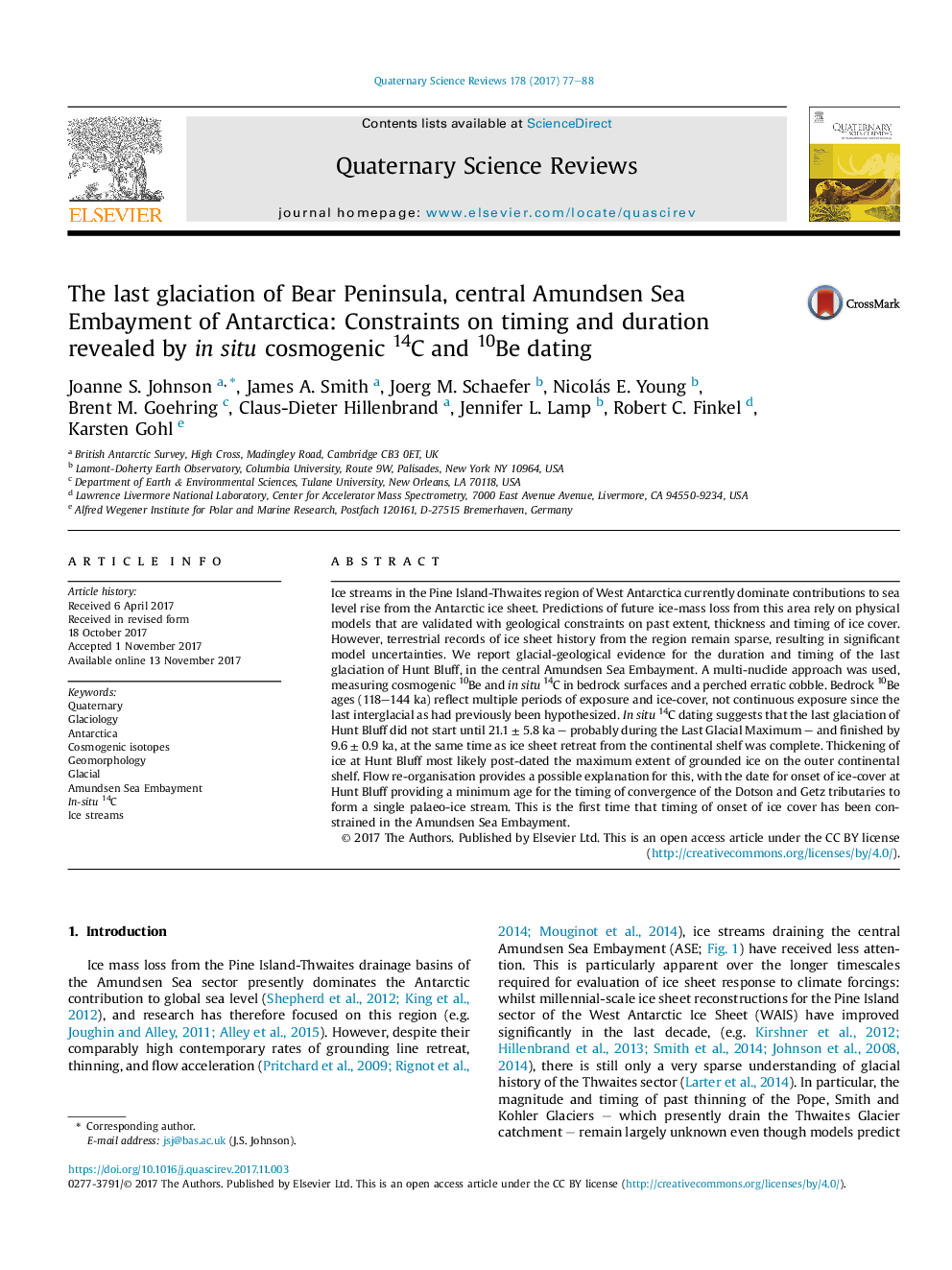 The last glaciation of Bear Peninsula, central Amundsen Sea Embayment of Antarctica: Constraints on timing and duration revealed by in situ cosmogenic 14C and 10Be dating