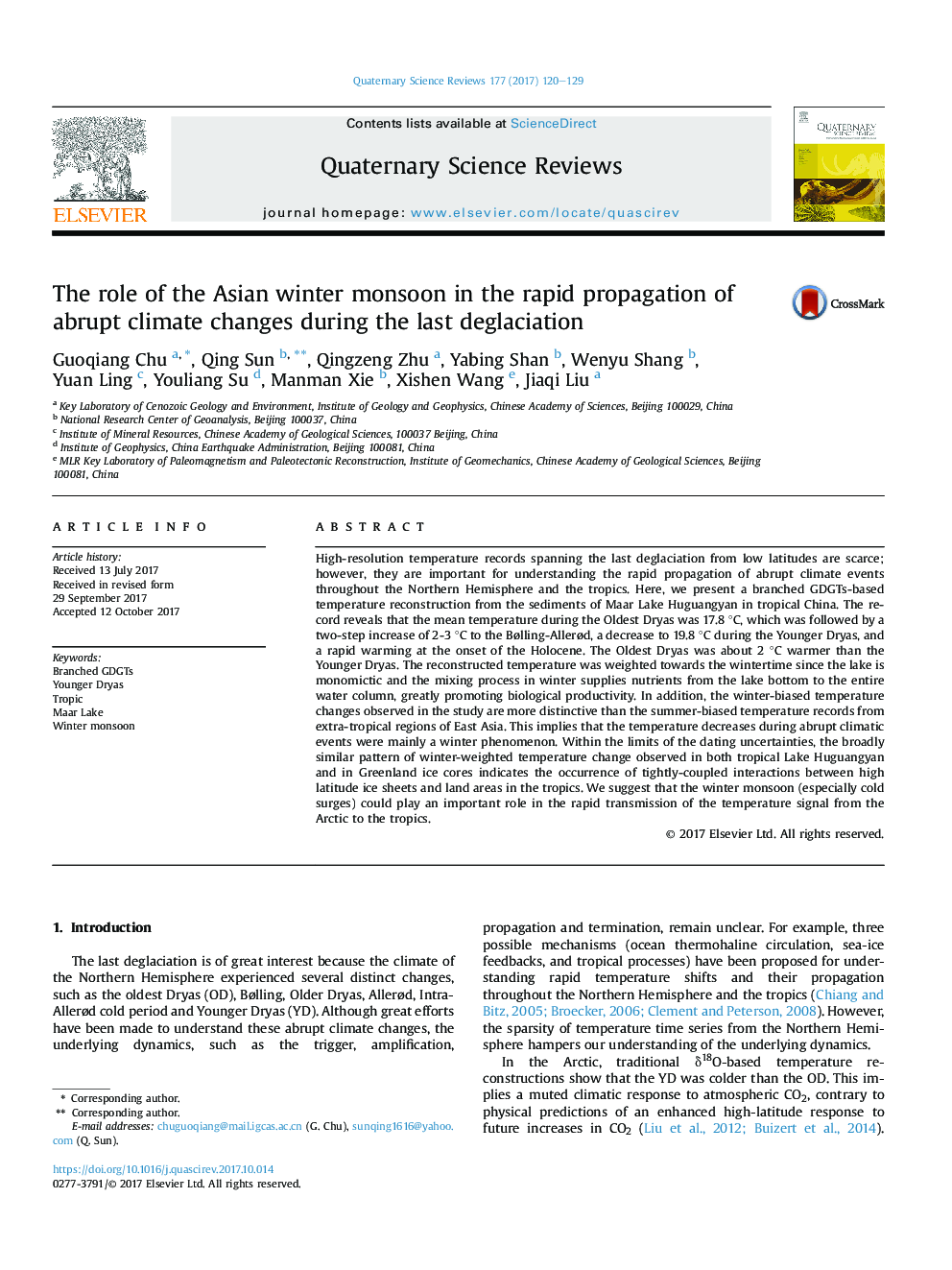 The role of the Asian winter monsoon in the rapid propagation of abrupt climate changes during the last deglaciation