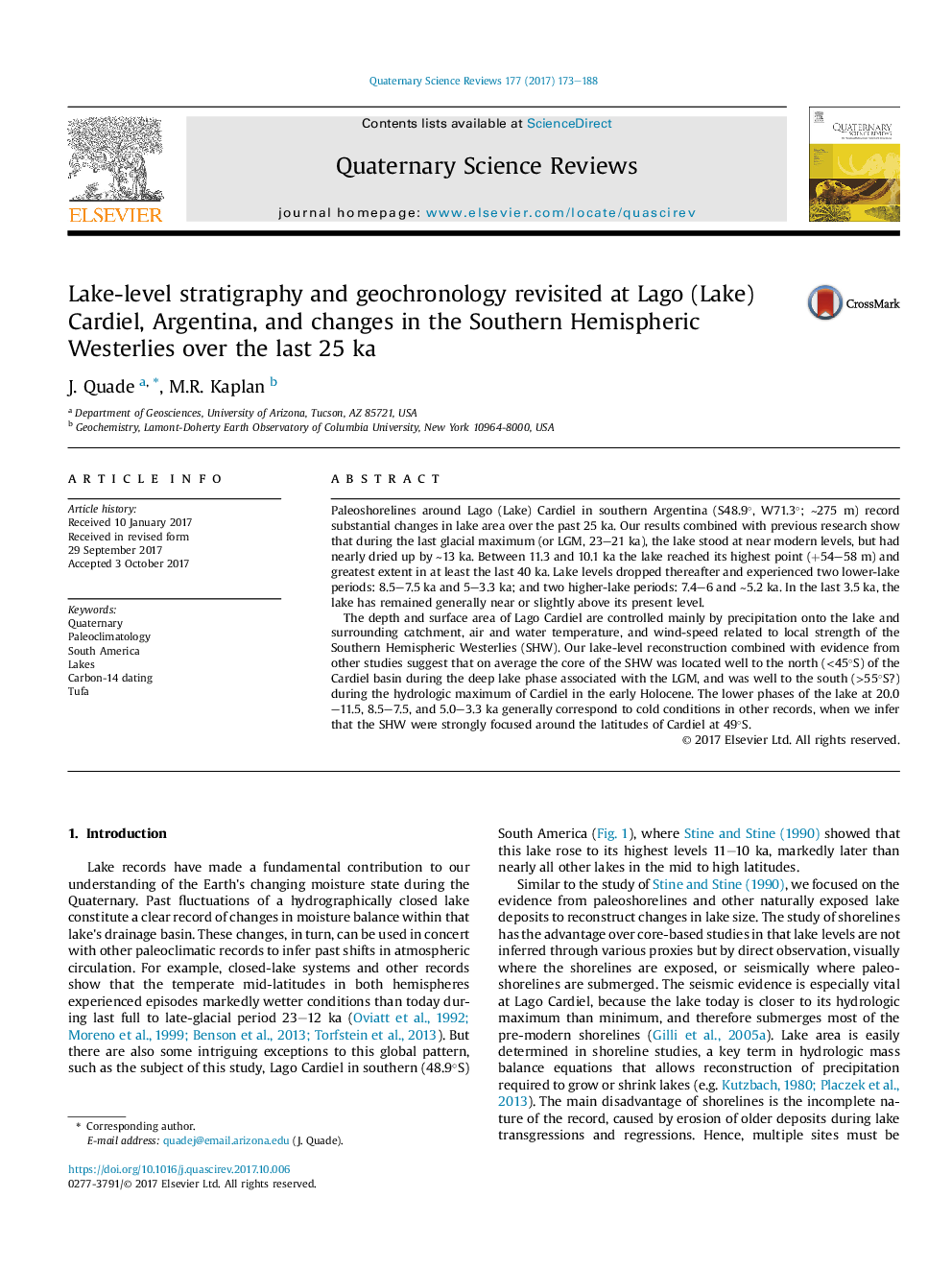 Lake-level stratigraphy and geochronology revisited at Lago (Lake) Cardiel, Argentina, and changes in the Southern Hemispheric Westerlies over the last 25 ka