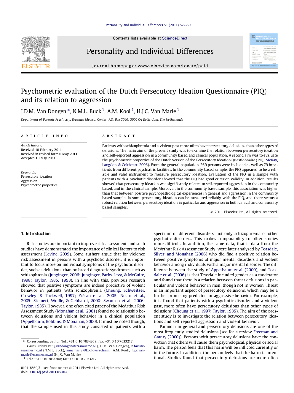 Psychometric evaluation of the Dutch Persecutory Ideation Questionnaire (PIQ) and its relation to aggression