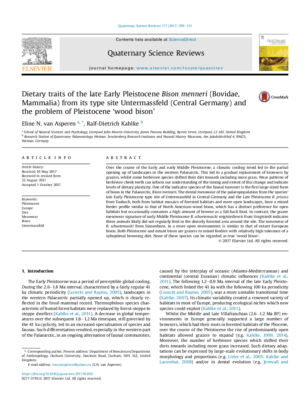 Dietary traits of the late Early Pleistocene Bison menneri (Bovidae, Mammalia) from its type site Untermassfeld (Central Germany) and the problem of Pleistocene 'wood bison'