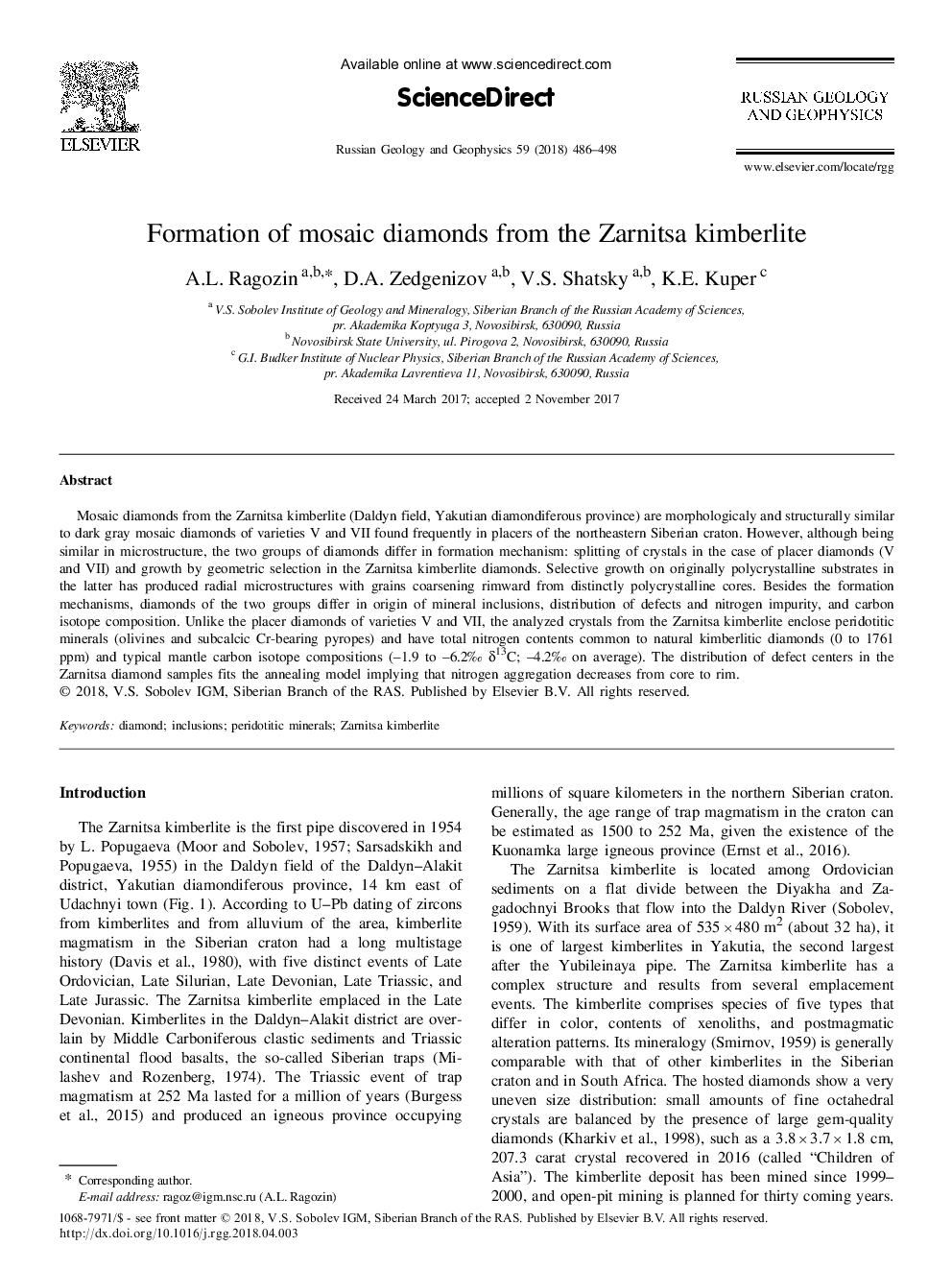 Formation of mosaic diamonds from the Zarnitsa kimberlite