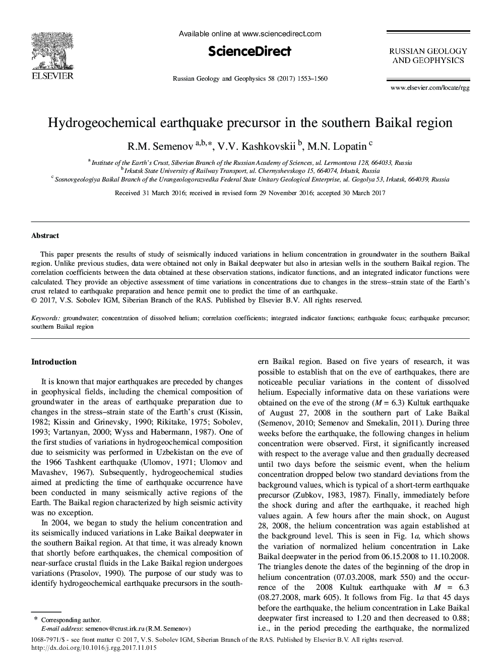Hydrogeochemical earthquake precursor in the southern Baikal region
