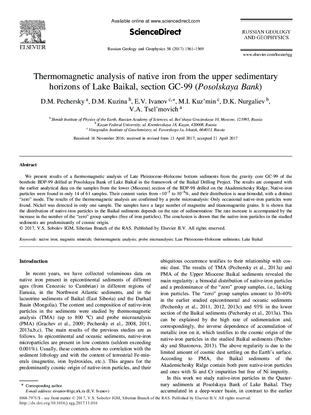 Thermomagnetic analysis of native iron from the upper sedimentary horizons of Lake Baikal, section GC-99 (Posolskaya Bank)