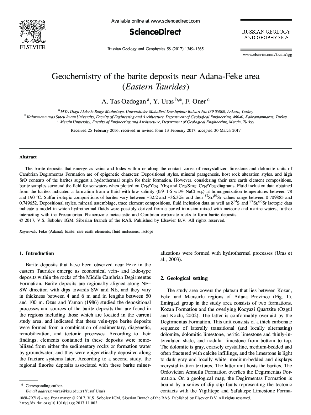 Geochemistry of the barite deposits near Adana-Feke area (Eastern Taurides)