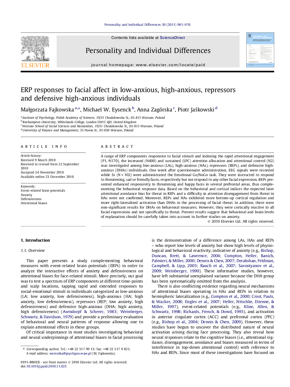 ERP responses to facial affect in low-anxious, high-anxious, repressors and defensive high-anxious individuals