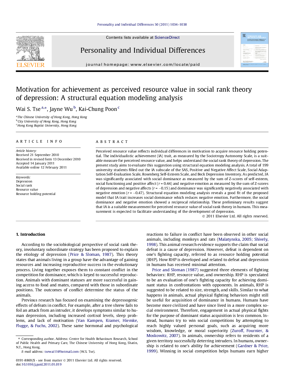 Motivation for achievement as perceived resource value in social rank theory of depression: A structural equation modeling analysis