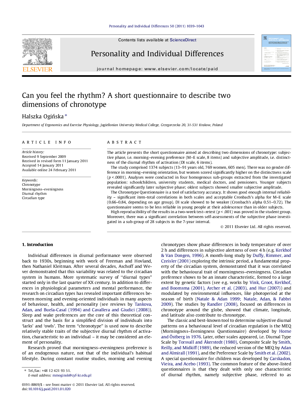 Can you feel the rhythm? A short questionnaire to describe two dimensions of chronotype