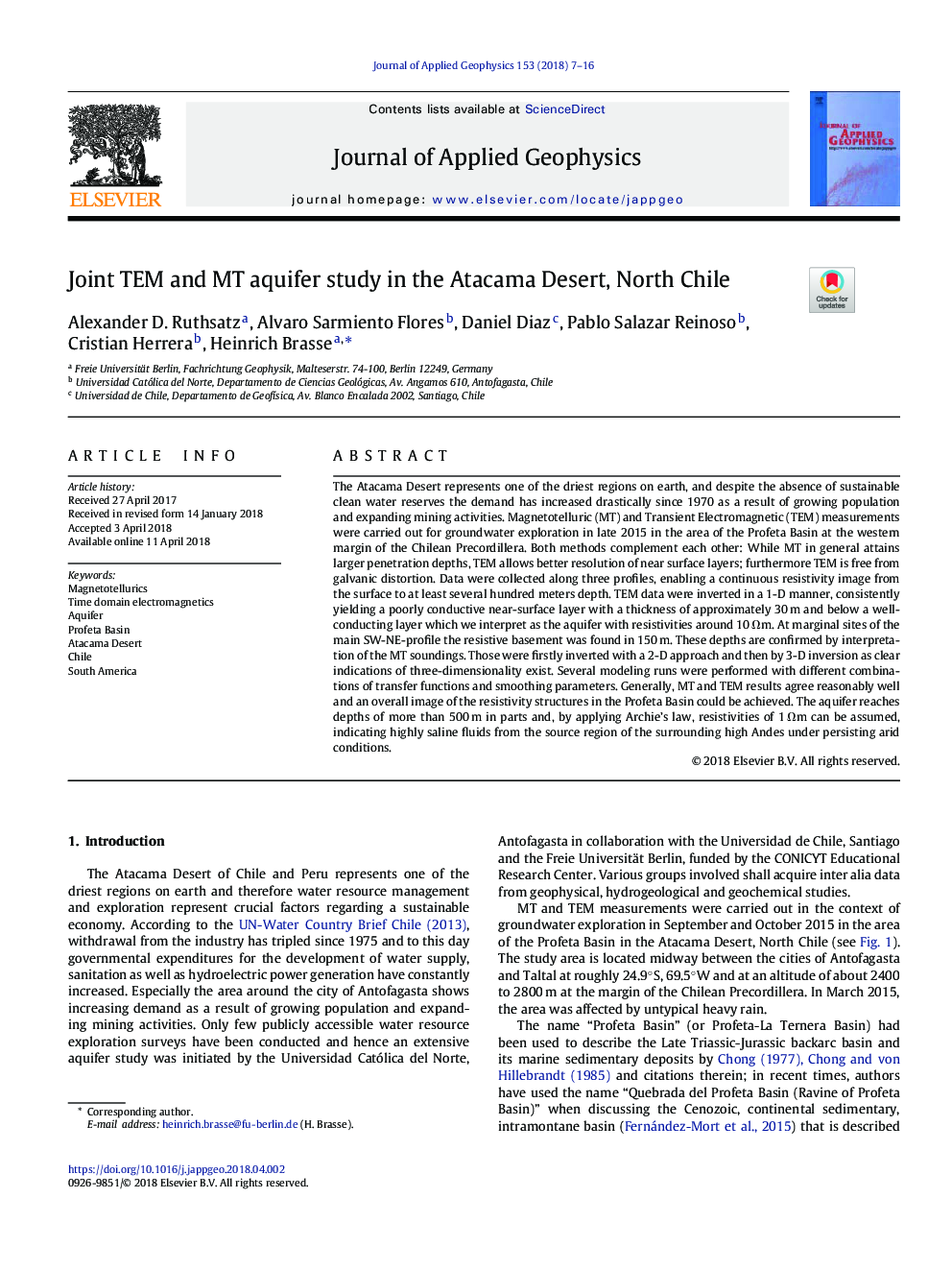 Joint TEM and MT aquifer study in the Atacama Desert, North Chile