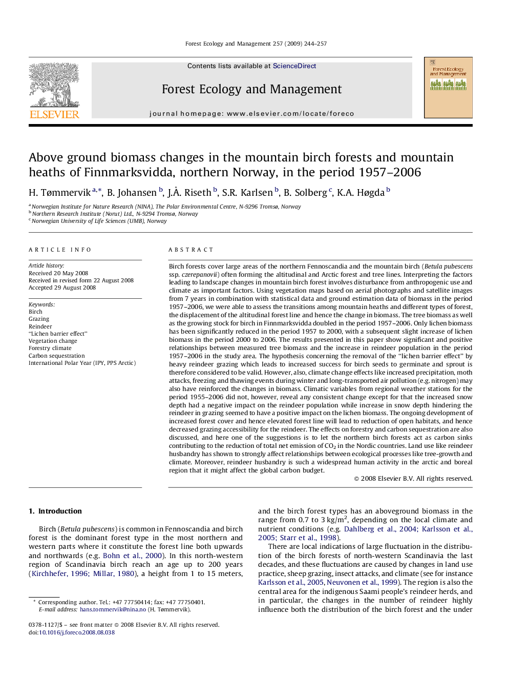 Above ground biomass changes in the mountain birch forests and mountain heaths of Finnmarksvidda, northern Norway, in the period 1957–2006