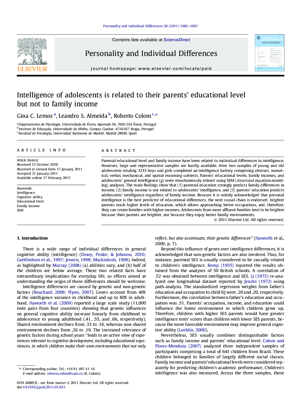 Intelligence of adolescents is related to their parents’ educational level but not to family income