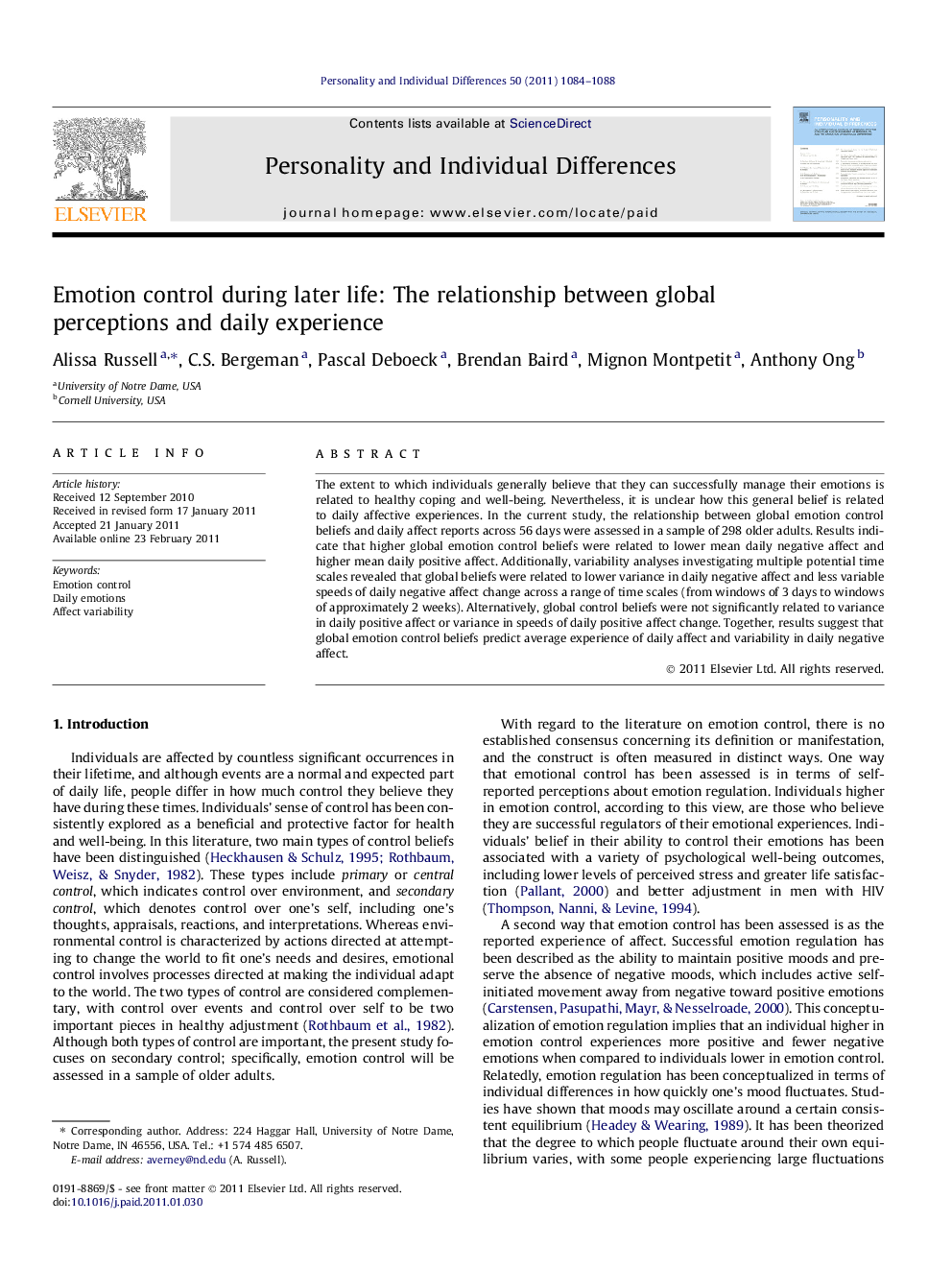 Emotion control during later life: The relationship between global perceptions and daily experience