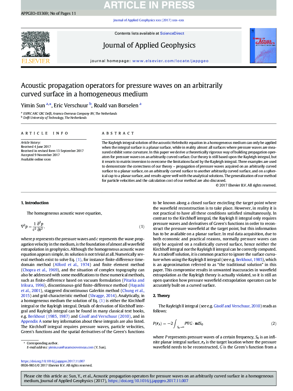 Acoustic propagation operators for pressure waves on an arbitrarily curved surface in a homogeneous medium