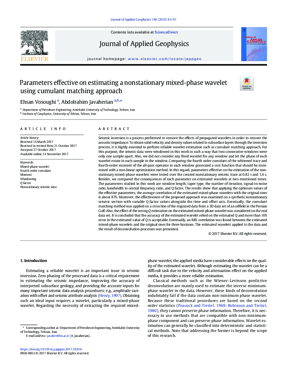 Parameters effective on estimating a nonstationary mixed-phase wavelet using cumulant matching approach